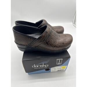 Dansko Professional Tooled Leather Clogs Sz. 38 /7.5 Work Shoes Brown Floral